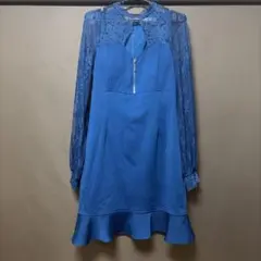 青色レース長袖フリルマーメイドドレス