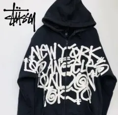 ステューシー 総柄 両面ロゴ フルジップパーカー 黒