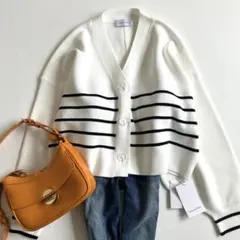 【新品未使用タグ付】定価1.5万　アダムエロペ　洗えるニットボーダーカーディガン