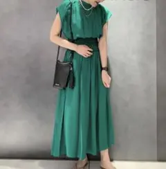 ジーナシス　ウエスト刺繍フレアワンピース　ノースリーブワンピース　グリーン　Fのサムネイル