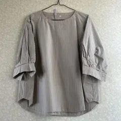 無印良品★ブロード 五分袖 ブラウス★モカブラウン ストライプ★Sサイズ