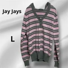 【Jay Jays 】ピンク・グレー ストライプ Vネックニット✨L