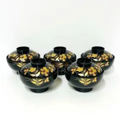 ⭐️ 会津塗 天然木加工品 秋草蒔絵 蓋付きお吸物椀揃 5客 ⭐️