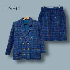 2969　【used】バブリースーツ　ツイードー　ブルー　セットアップ　肩パット