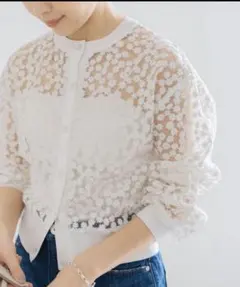 イエナ【極美品】フラワーレースハーフスリーブニットカーディガン