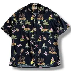 90s 古着 CAMPIA レーヨン アロハシャツ 黒 ウクレレ ヨットのサムネイル