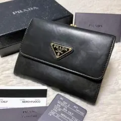 ♡付属品完備♡希少♡PRADA 三つ折り財布 がま口 レザー 三角ロゴ レア 黒