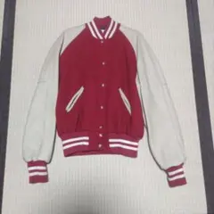 スタジャン　赤レッド　袖部分レザー　古着