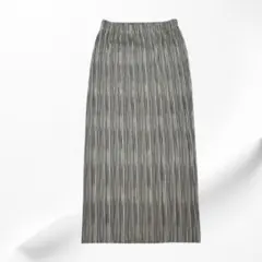 グレー×ベージュ ストライプ 薄手 タイト ロングスカート プリーツ風