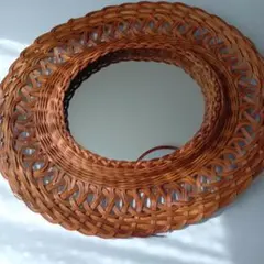 昭和レトロ ウィッカー楕円形ブラウンミラー