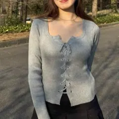 新品 レースアップ リブニット カーディガン レディース グレー F