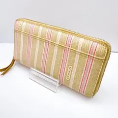 千*鶴様 【COACH】ベージュ ピンク ストライプ ラウンドファスナー 長財布