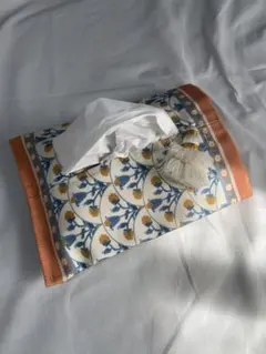 北欧花柄オレンジティッシュボックスカバー タッセル付き