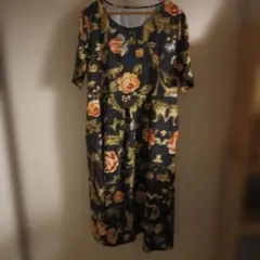 ネイビー 花柄 半袖 シャツワンピース