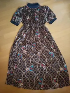 花柄プリント 半袖ロングワンピース ネイビー