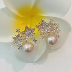 B160 パール ピアス フラワー ラインストーン キラキラ ビジュー ピンク