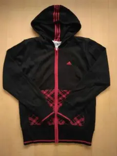 【美品】adidas アディダス 黒×赤 フード付きニットパーカー サイズＬ