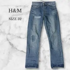 エイチアンドエム　ストレートデニム　ジーンズ　ダメージ　カジュアル　インディゴ
