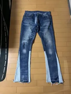 minimalフレアデニムパンツ ダークブルー/ライトブルー