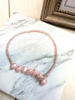 ピンク　淡水パール　ビーズ　ブレスレット　【ハンドメイド】