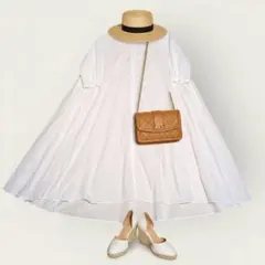 ミズイロインド バンドカラー フレアワンピース 白 コットン ロング Aライン