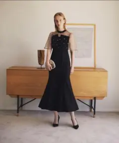 LEJA花柄ストーンスパンコールチュールオーバーラップマーメイドワンピースドレス