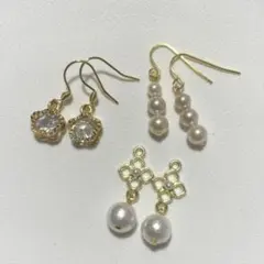 パール、ガラスビーズピアス3点セット③（ゴールド系）