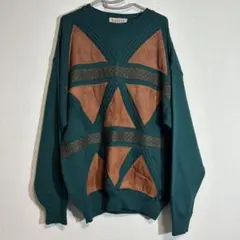 古着　イタリア製　メリノウール　レザーパッチ　幾何学模様　柄　ニット