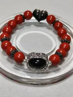 ★天然石ブレスレット※辰砂、パーツにオニキス、シルバーオブシディアン