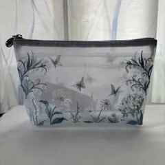 メッシュポーチ 花柄 蝶 刺繍 ホワイトのサムネイル