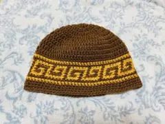 クラッシャーハット　ハンドメイド　バケットハット　ニット帽　茶✖️黄