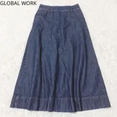 グローバルワーク　デニムスカート　インディゴ　L　フレア　ロング丈　綿100％