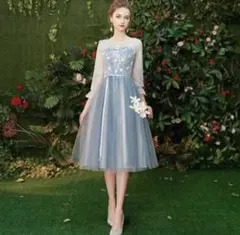 パーティードレス ミモレ丈 フレア袖 結婚式 ワンピース