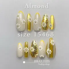 現品ネイルチップ　アーモンド　イエローマグネット　お花　ストライプ　夏