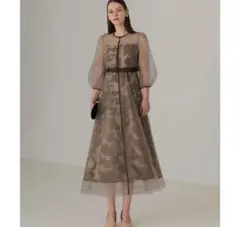 Leja チュールパイピングリーフベルトAラインドレスワンピース　ベージュ　S