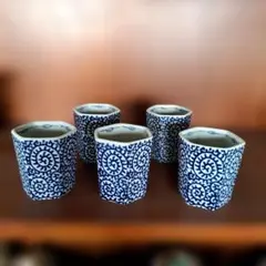 c*o様 青い渦巻き模様の六角形湯飲み5個セット