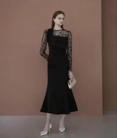 【LEJA】フラワーモチーフアシンメトリーチュールマーメイドワンピースドレス