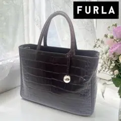 FURLA フルラ ハンドバッグ クロコ型押し トート ダークブラウン