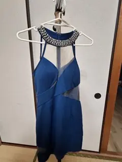 ネイビーブルータイトドレス ビジューネックライン