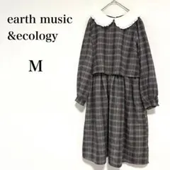アースミュージックアンドエコロジー チェック柄膝丈ワンピース 長袖 フリル襟