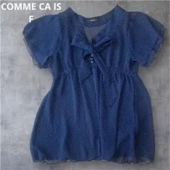 COMME CA ISM 半袖ブラウス F ネイビー ドット柄 フリル リボン