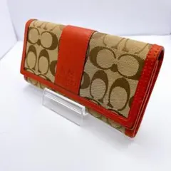 【COACH】長財布 ベージュ レッド シグネチャー ロゴ 二つ折り