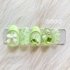 ネイルチップ 付け爪 水光ネイル リボンネイル グリーン 黄緑 推し活