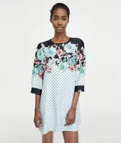 新品☆ZARA ザラ ドット&フラワープリントワンピース M