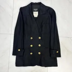 極美品 CHANEL 麻 シルク ダブル ジャケット 黒 36 金ボタン 光沢感のサムネイル