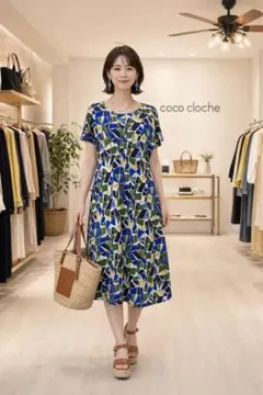 新品タグ付】上品幾何学柄ワンピース M〜L 涼感ゆったり体型カバー 大人綺麗