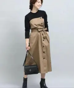 vis ドッキングトレンチベアワンピース 黒・ベージュ　切り替え