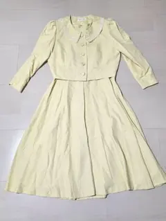 80年代 淡い黄色 レース付き襟 スカートセットアップ フリーサイズ