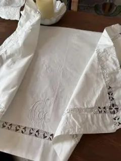 限定価格※フランスアンティーク イニシャル手刺繍 ダマスク織