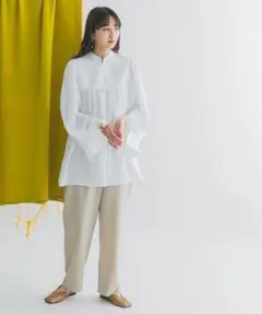 B447アーバンリサーチブラウス長袖ホワイト白無地ハンドカラーチュニックSML